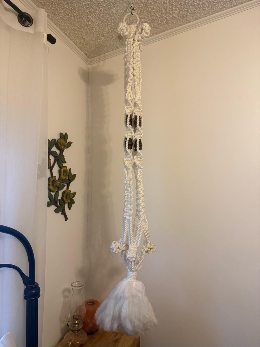 Handmade Macramé Plant Hanger in Cream with Wooden Beads
